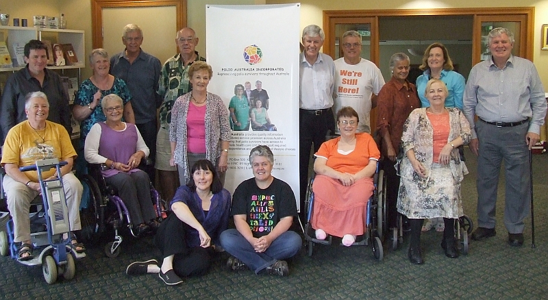 Standing (L to R): Brian Reilly (guest presenter), Tessa Jupp (WA), Peter Wierenga (SA), Arthur Dobson (Tas), Billie Thow (Tas), John Mayo (Qld), Brett Howard (SA), Jega (guest presenter), Jenny Jones (WA), John Tierney (NSW) Seated (L to R): Jill Pickering (Post-Polio Vic), Bev Watson (Vic), Mary-ann Liethof (National Program Manager), Jen Sykes (Vic), Gillian Thomas (NSW), Margaret Peel (Qld)